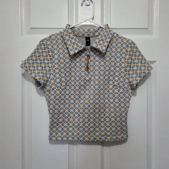 Cider Jacquard Quarter Zip Polo Geometric Short Sleeve Baby Blue Tee Sz Small - Picture 2 of 7